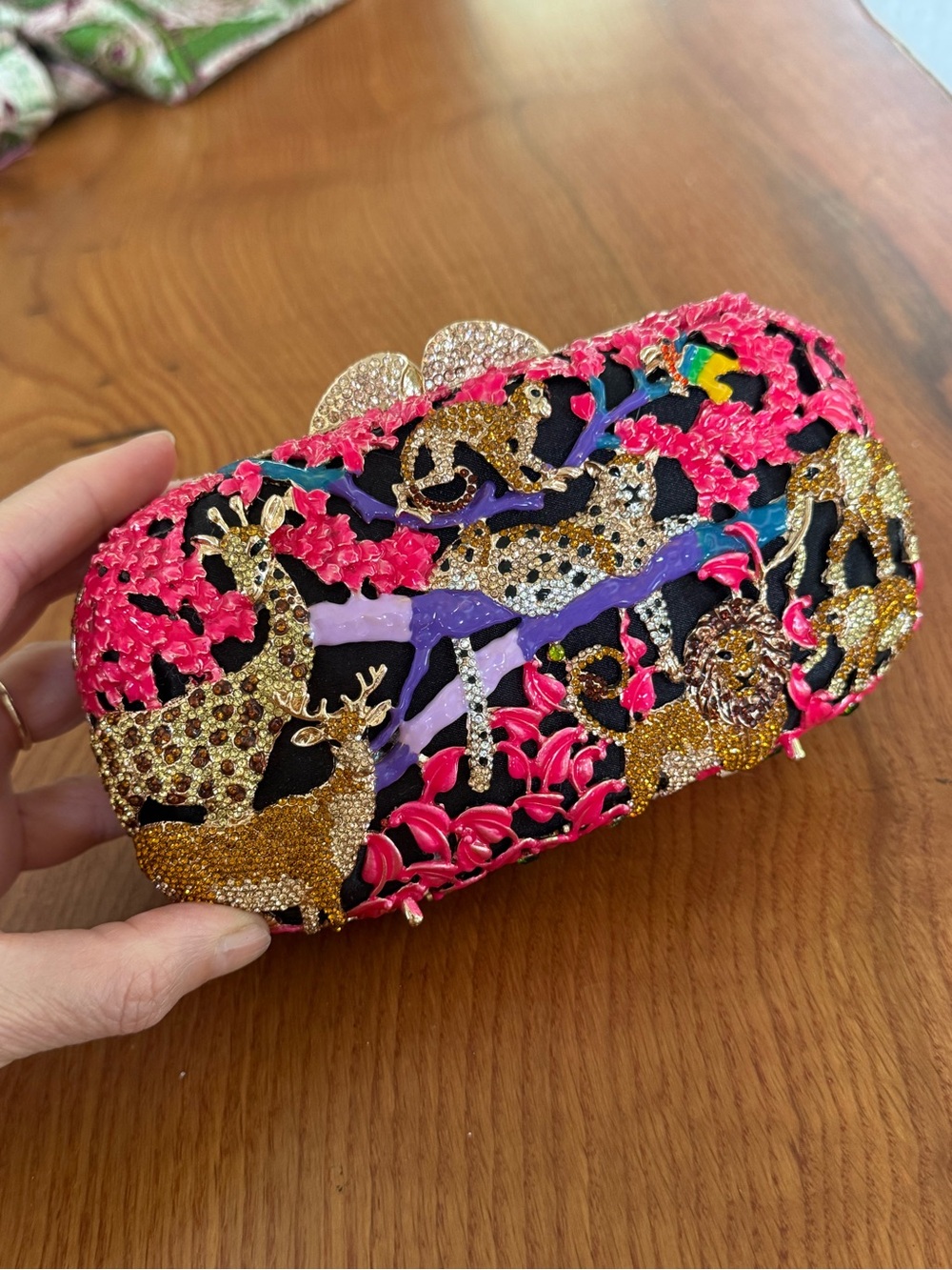 Rhinestone Embellished Pink, Gold, Purple, Black Animal Motif Evening Clutch 7”